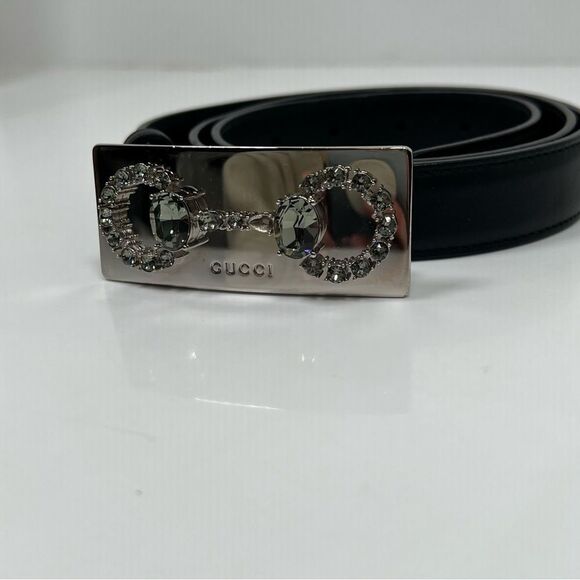 Gucci Black Leather Crystal Horsebit Plate Belt 95-38